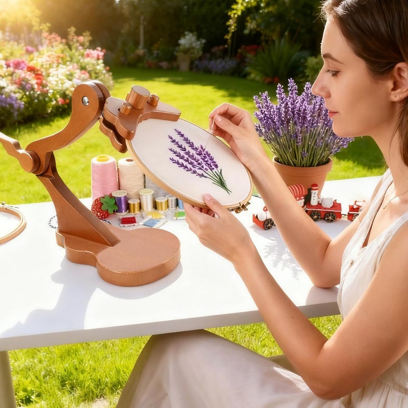 GuoFa Adjustable Embroidery Stand with Violin-Shaped Base, Beech Wood Cross Stitch Hoop Holder, Lap & Tabletop Frame with Clamp for Quilting Needlework - Image 2